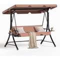 LAZZO 3-Seat Outdoor Porch Swing with Stand, Reclining Lounge Bed Convertible, Adjustable Canopy & Removable Cushions, Brown