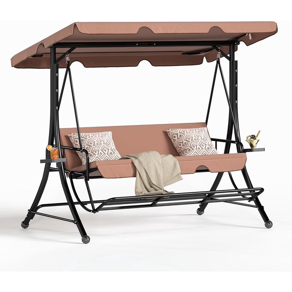 LAZZO 3-Seat Outdoor Porch Swing with Stand and Footrest, Reclining Lounge Bed Convertible, Adjustable Canopy & Removable Cushions, Brown
