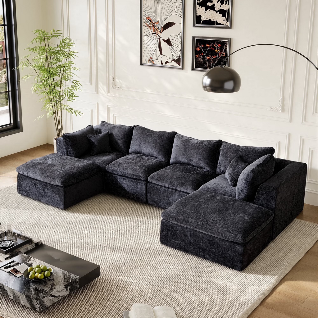 LAZZO 146" U-Shaped Cloud Sectional Sofa, Boneless Modular Couch with Ottoman & Memory Foam, Oversized Comfy Sofa for Living Room, Black