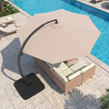 LAZZO 11FT Patio Umbrella with Solar LED Light and Base, Outdoor Deluxe Cantilever Cantilever Umbrella for Patio Pool Deck, Champagne