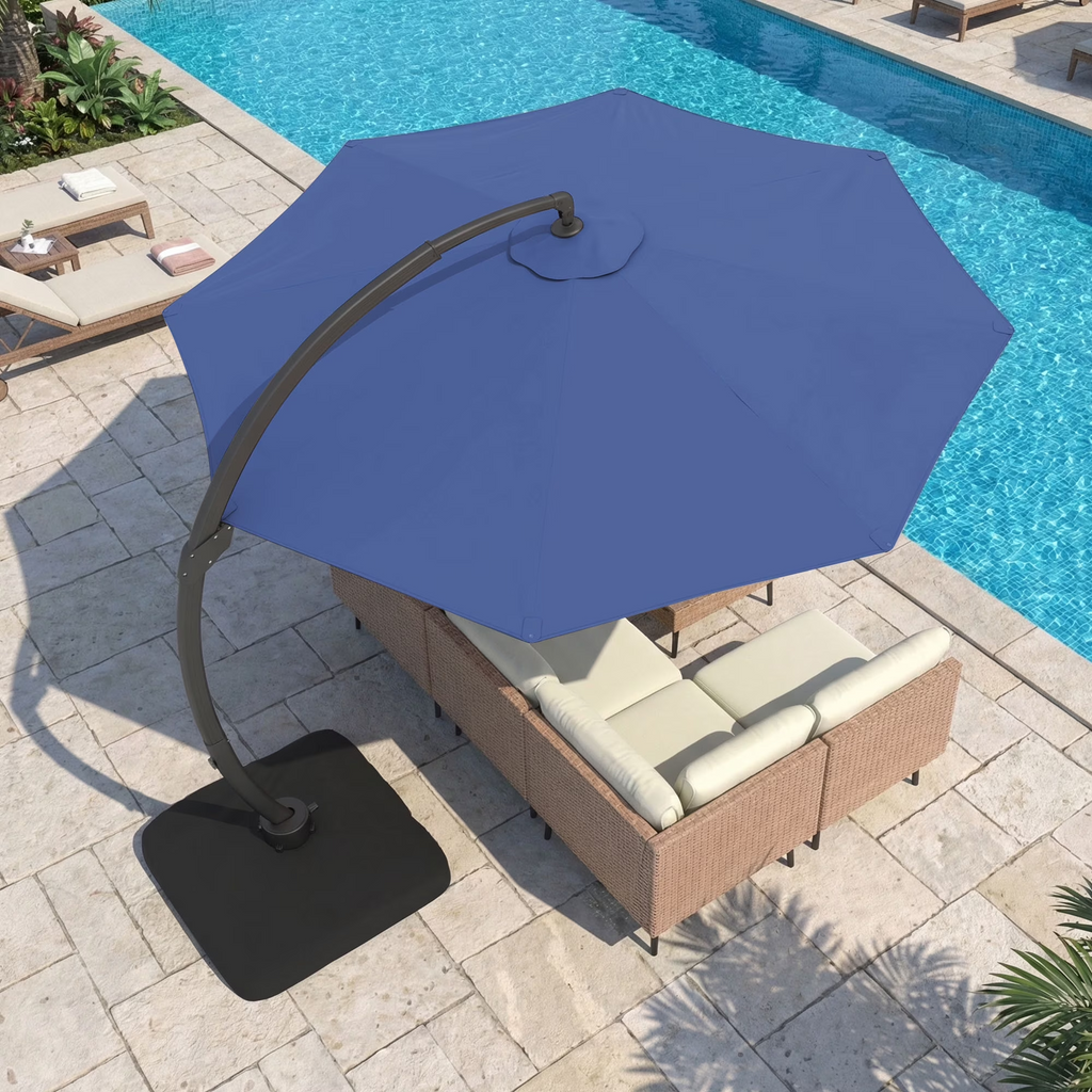 LAZZO 11FT Patio Umbrella with Solar Powered LED Light and Base, Outdoor Deluxe Cantilever Cantilever Umbrella for Patio Pool Deck, Navy Blue