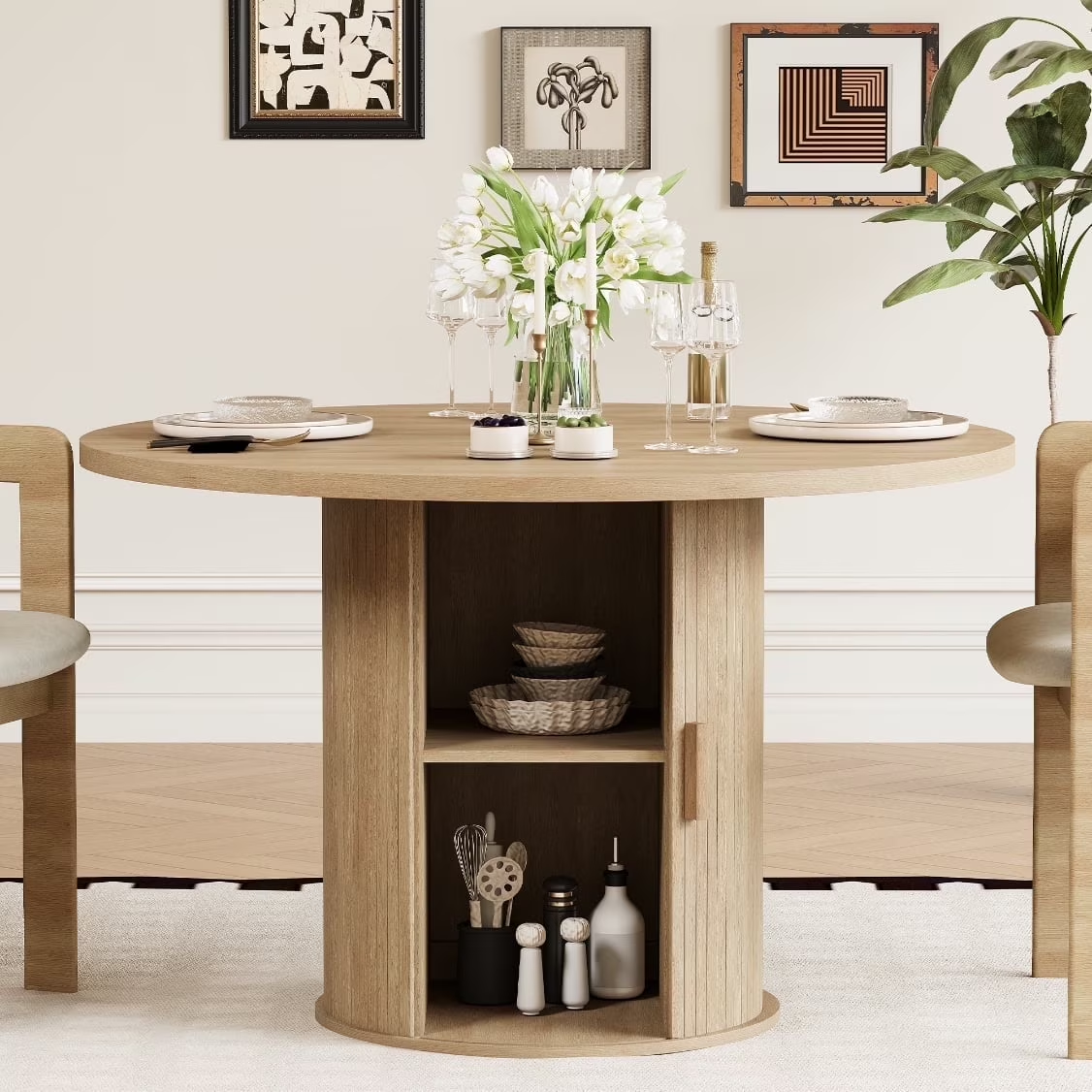 LAZZO 47" Round Dining Table with Storage, Modern Fluted Side Shelf, Seats 4-6 for Kitchen Dining Room, Natural Wood Color