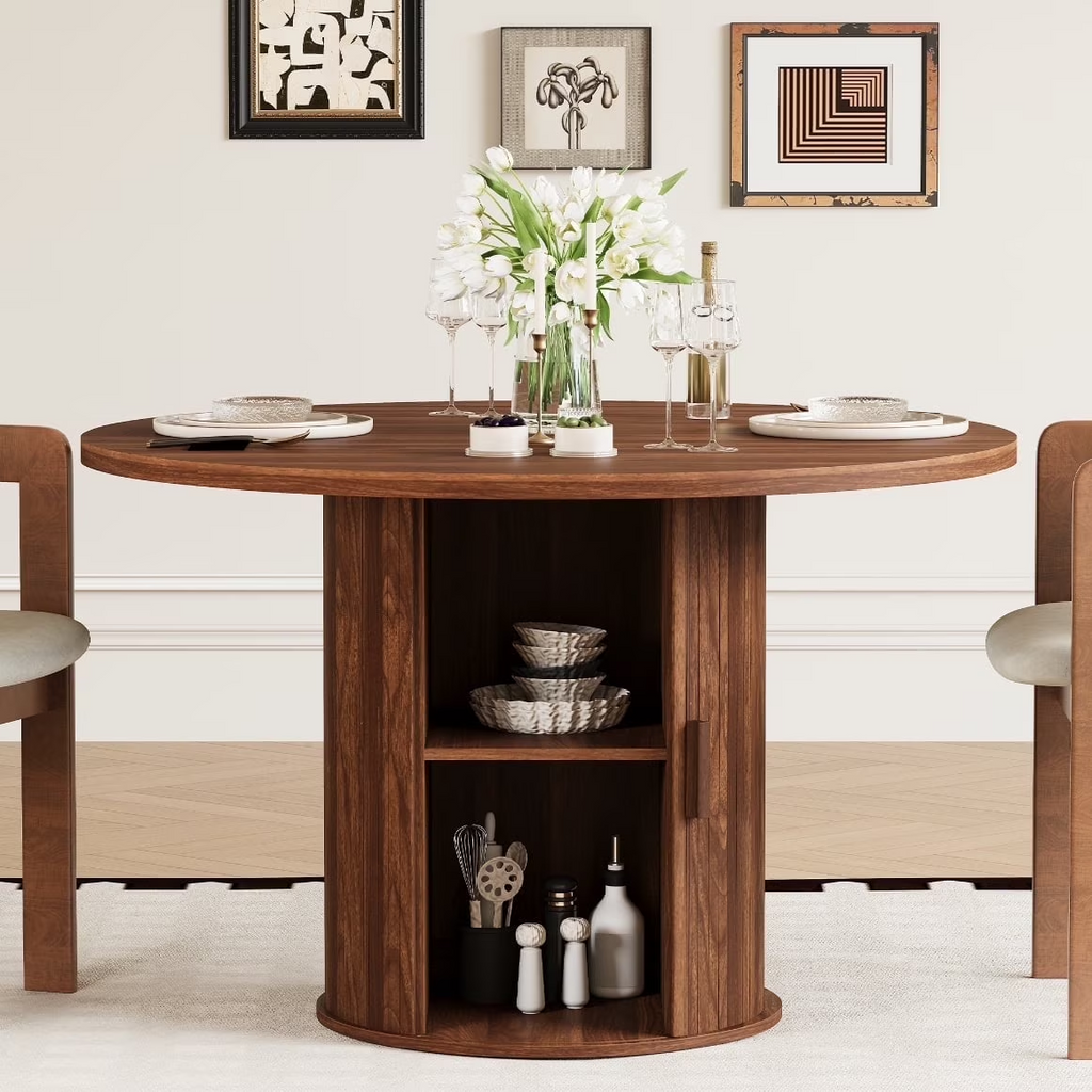 LAZZO 47" Round Dining Table with Storage, Modern Fluted Side Shelf, Seats 4-6 for Kitchen Dining Room, Walnut