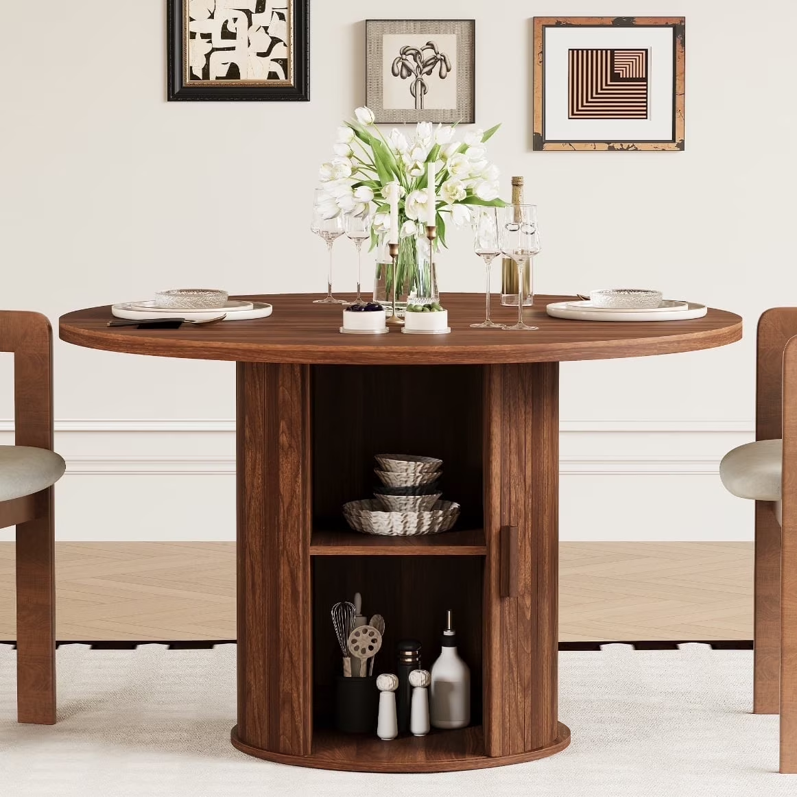 LAZZO 47" Round Dining Table with Storage, Modern Fluted Side Shelf, Seats 4-6 for Kitchen Dining Room, Walnut