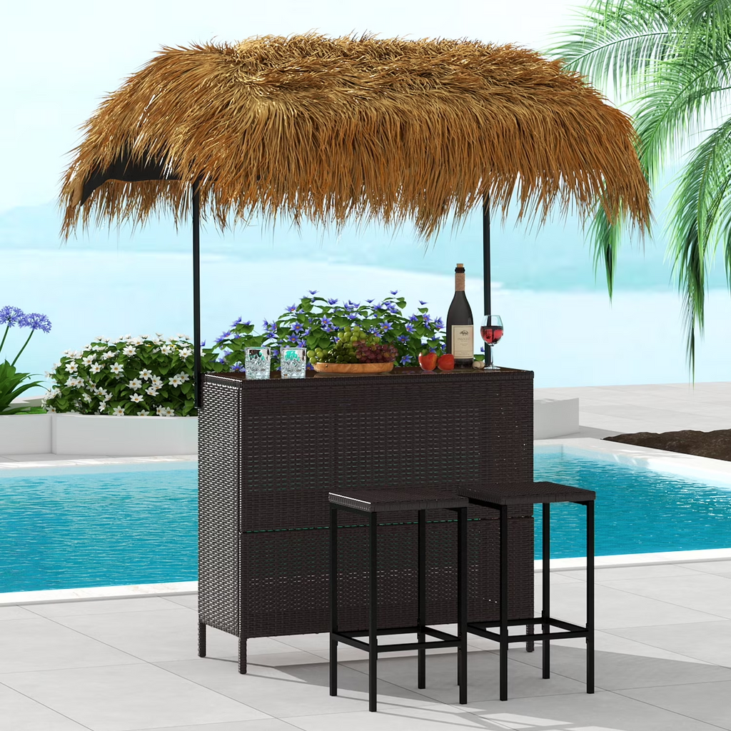 LAZZO 3 Pieces Outdoor Bar Set, Patio Wicker Tiki Bar Set with Height Stools and Islander Tiki Bar for Garden, Dark Brown