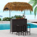 LAZZO 3 Pieces Outdoor Bar Set, Patio Wicker Tiki Bar Set with Height Stools and Islander Tiki Bar for Garden, Dark Brown