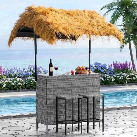 LAZZO 3 Pieces Outdoor Bar Set, Patio Wicker Bar Set with Height Stools and Islander Tiki Bar for Garden, Gray