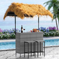 LAZZO 3 Pieces Outdoor Bar Set, Patio Wicker Bar Set with Height Stools and Islander Tiki Bar for Garden, Gray