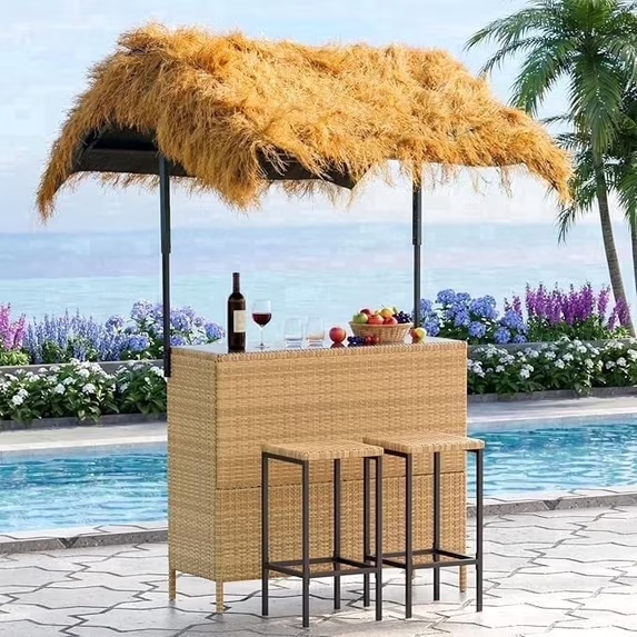 LAZZO 3 Pieces Outdoor Bar Set, Patio Wicker Bar Set with Height Stools and Islander Tiki Bar for Garden, Yellow