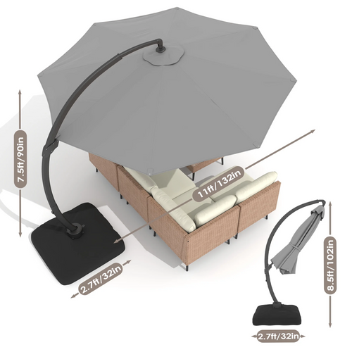 LAZZO 11ft Outdoor Patio Umbrella with Base, Aluminum Offset Cantilever Umbrella for Pool Deck, Gray