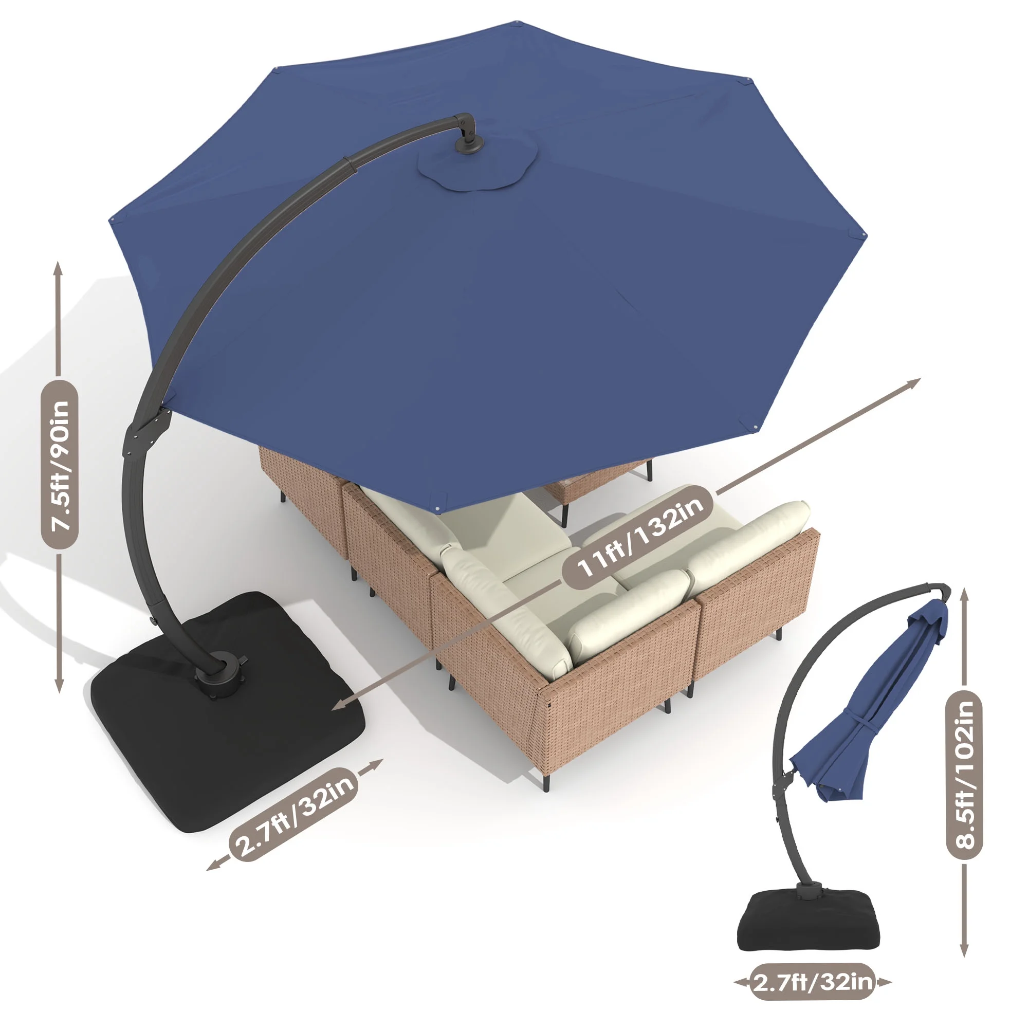LAZZO 11FT Patio Umbrella with Base, Outdoor Deluxe Cantilever Cantilever Umbrella for Patio Pool Deck, Navy Blue