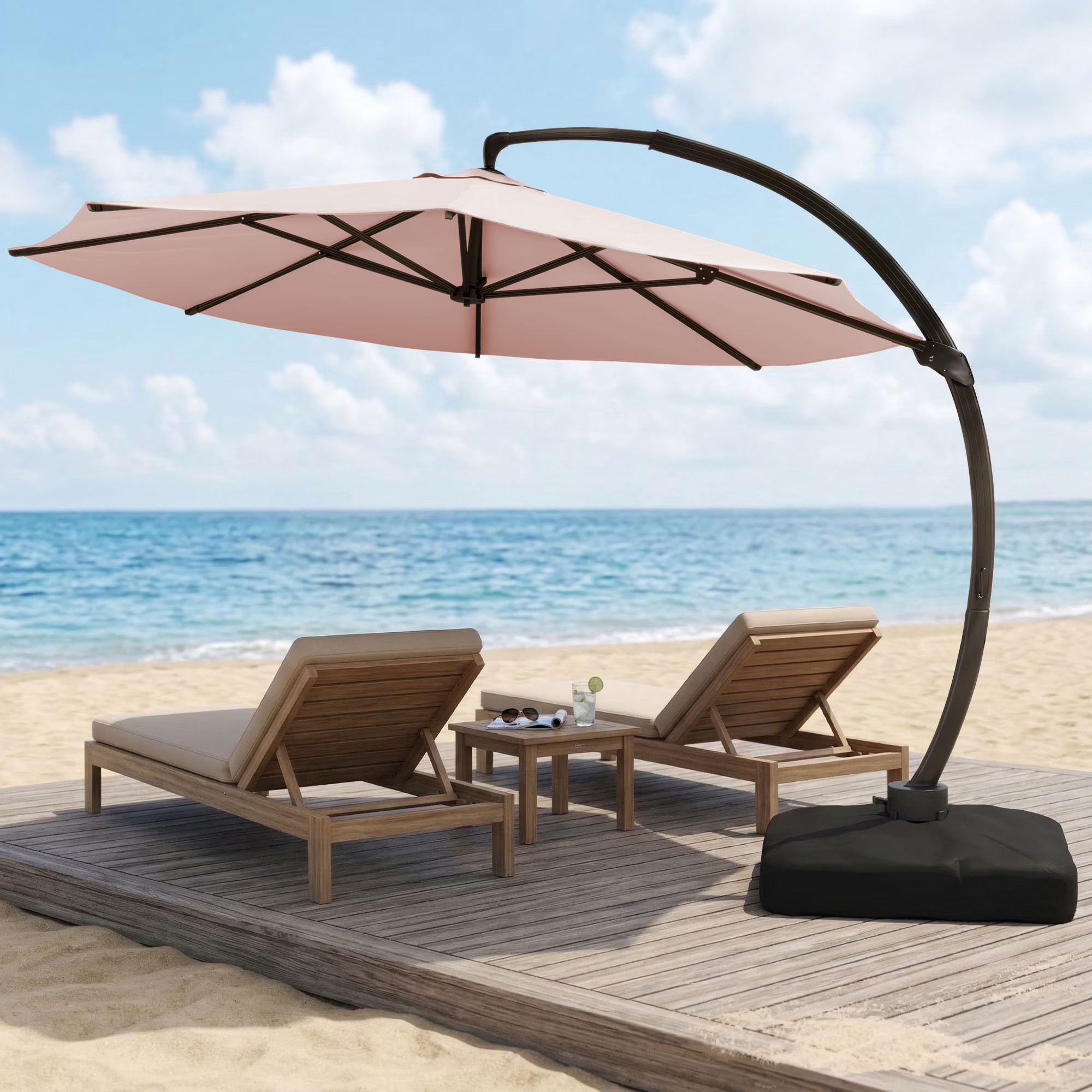LAZZO 11FT Patio Umbrella with Base, Outdoor Deluxe Cantilever Cantilever Umbrella for Patio Pool Deck, Pink