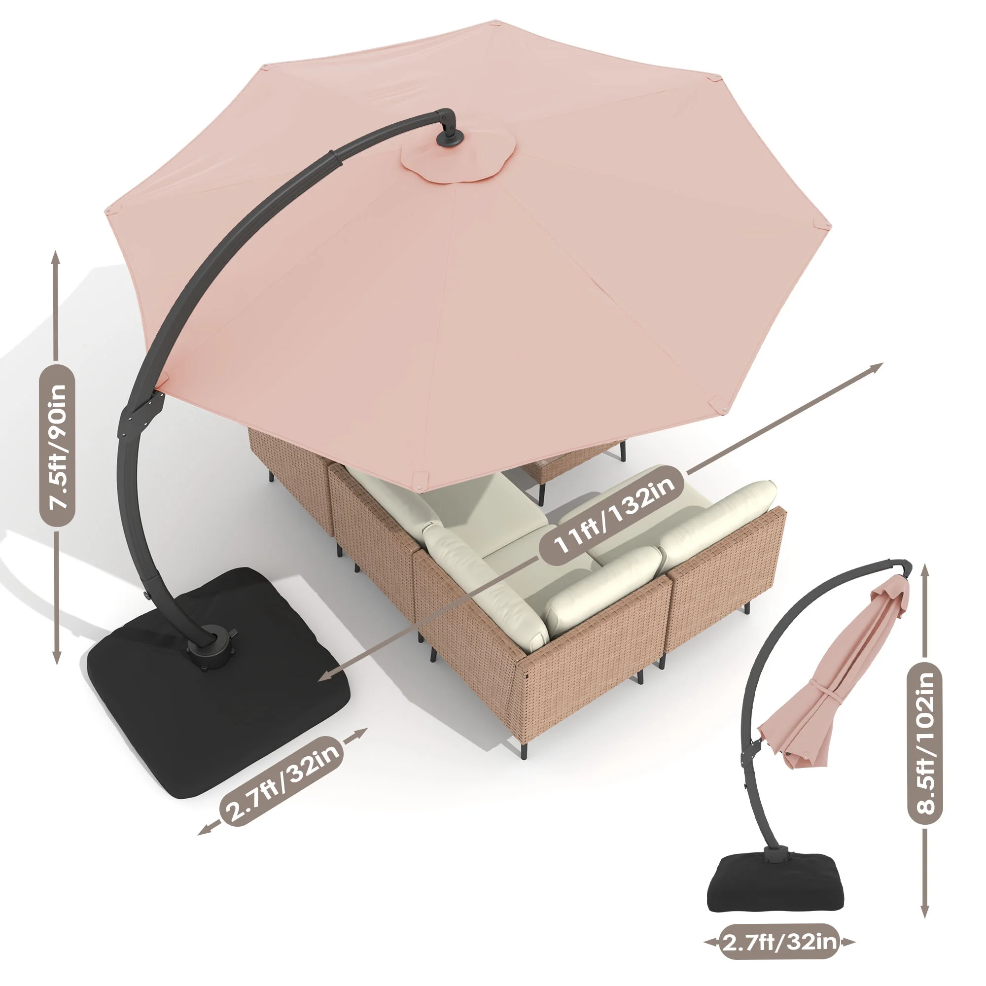 LAZZO 11FT Patio Umbrella with Base, Outdoor Deluxe Cantilever Cantilever Umbrella for Patio Pool Deck, Pink
