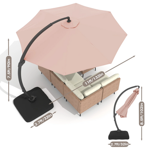 LAZZO 11ft Outdoor Patio Umbrella with Base, Aluminum Offset Cantilever Umbrella for Pool Deck, Pink