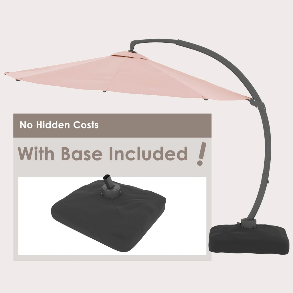 LAZZO 11FT Patio Umbrella with Base, Outdoor Deluxe Cantilever Cantilever Umbrella for Patio Pool Deck, Pink