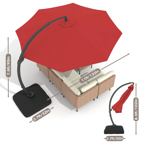 LAZZO 11ft Outdoor Patio Umbrella with Base, Aluminum Offset Cantilever Umbrella for Pool Deck, Red