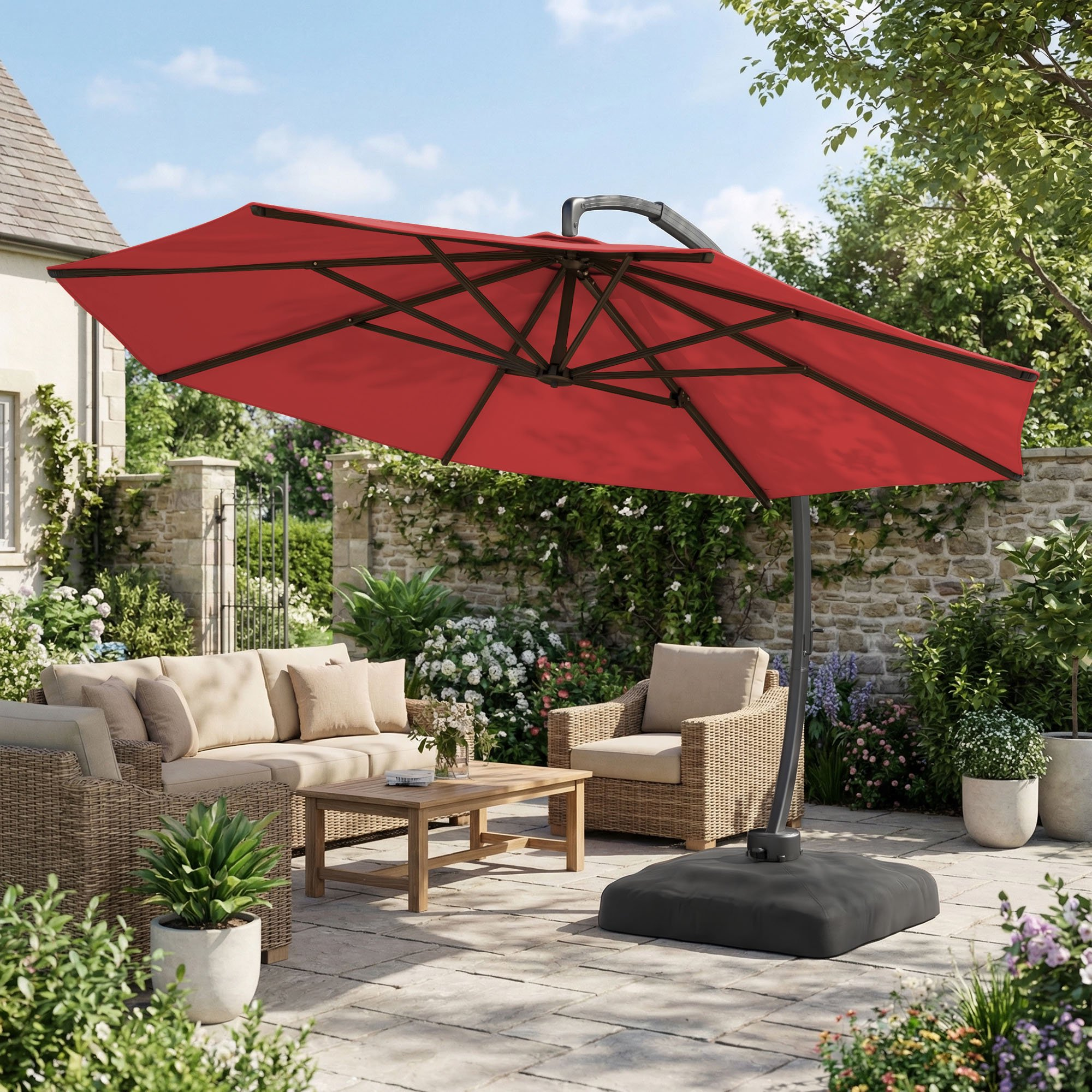 LAZZO 11FT Patio Umbrella with Base, Outdoor Deluxe Cantilever Cantilever Umbrella for Patio Pool Deck, Red