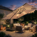 LAZZO 11FT Cantilever Patio Umbrella with Base & Solar LED Lights, All-Aluminum Outdoor Umbrella for Deck, Pool & Backyard, Champagne