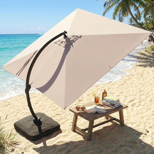 LAZZO 11ft Outdoor Patio Umbrella with Base and Light, All-Aluminum Offset Cantilever Umbrella for Pool & Backyard, Champagne