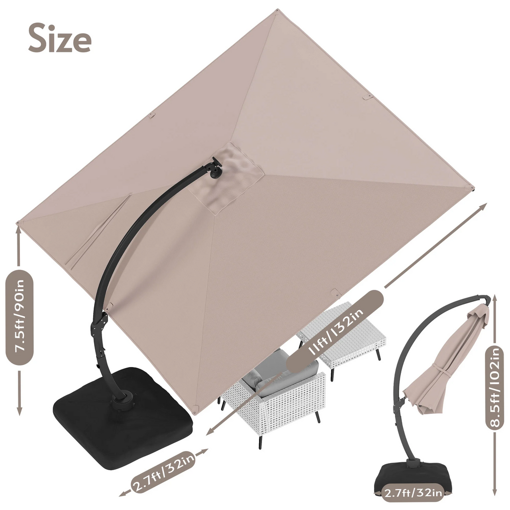 LAZZO 11FT Cantilever Patio Umbrella with Base & Solar LED Lights, All-Aluminum Outdoor Umbrella for Deck, Pool & Backyard, Champagne