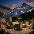 LAZZO 11FT Cantilever Patio Umbrella with Base & Solar LED Lights, All-Aluminum Outdoor Umbrella for Deck, Pool & Backyard, Blue