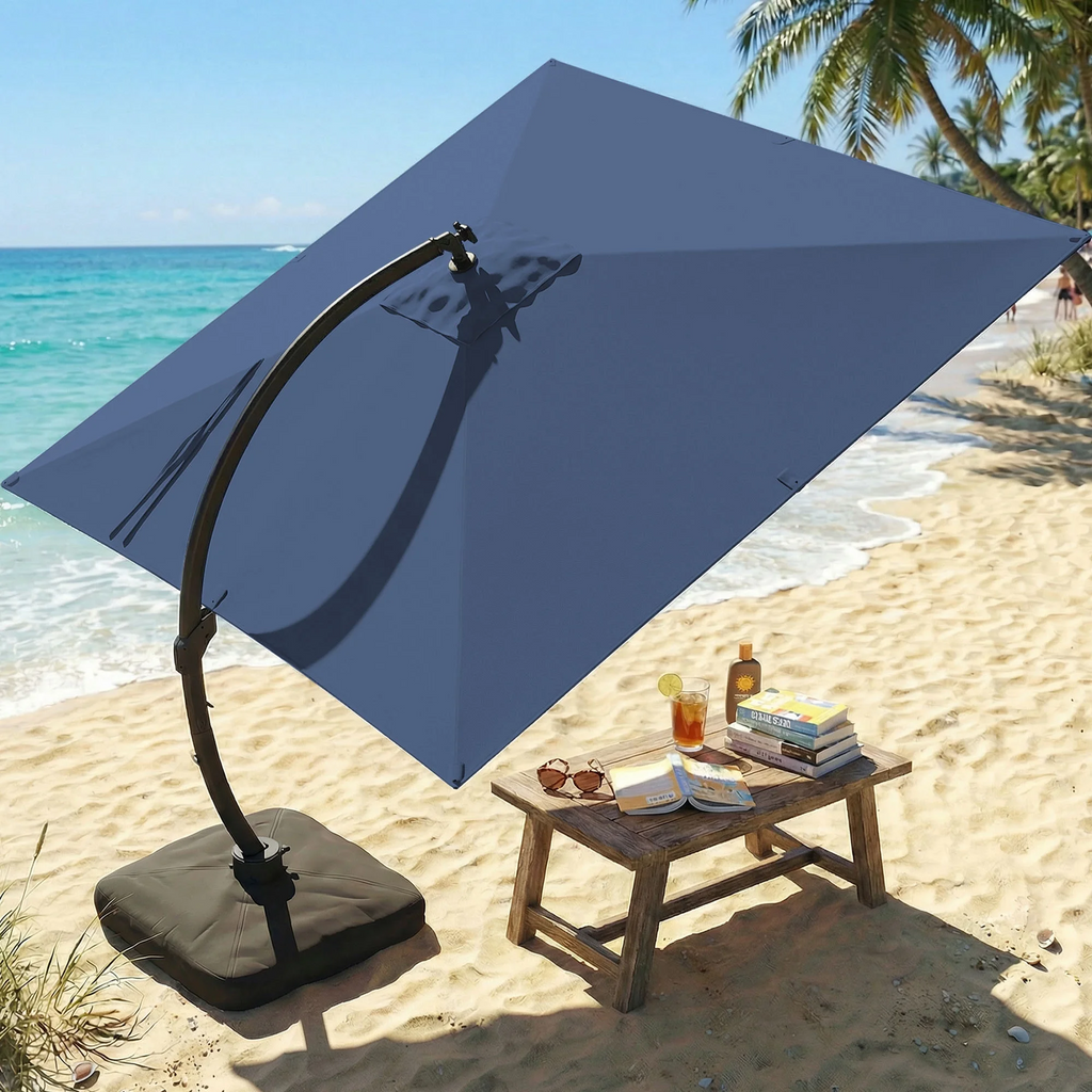 LAZZO 11FT Cantilever Patio Umbrella with Base & Solar LED Lights, All-Aluminum Outdoor Umbrella for Deck, Pool & Backyard, Blue