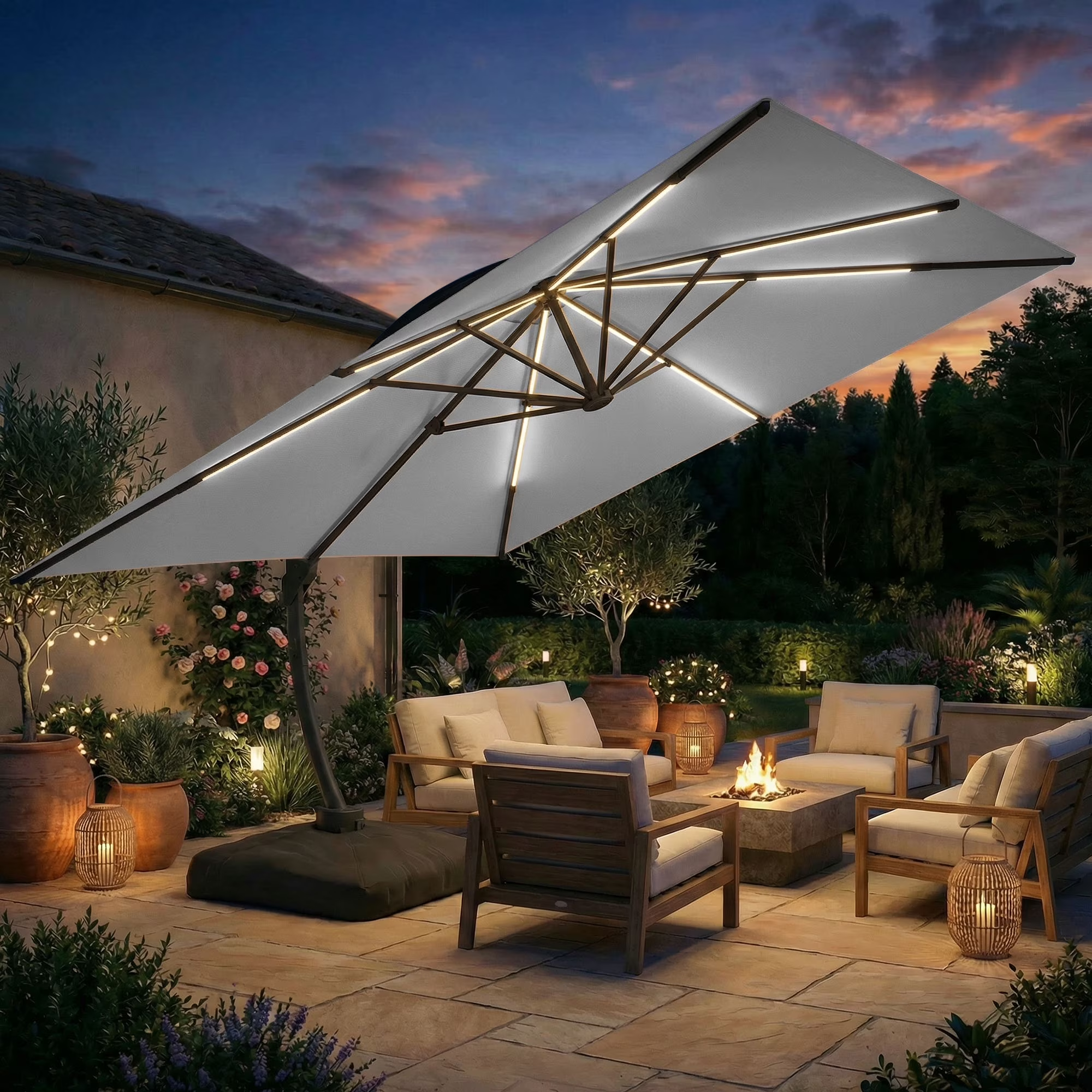 LAZZO 11FT Cantilever Patio Umbrella with Base & Solar LED Lights, All-Aluminum Outdoor Umbrella for Deck, Pool & Backyard, Gray