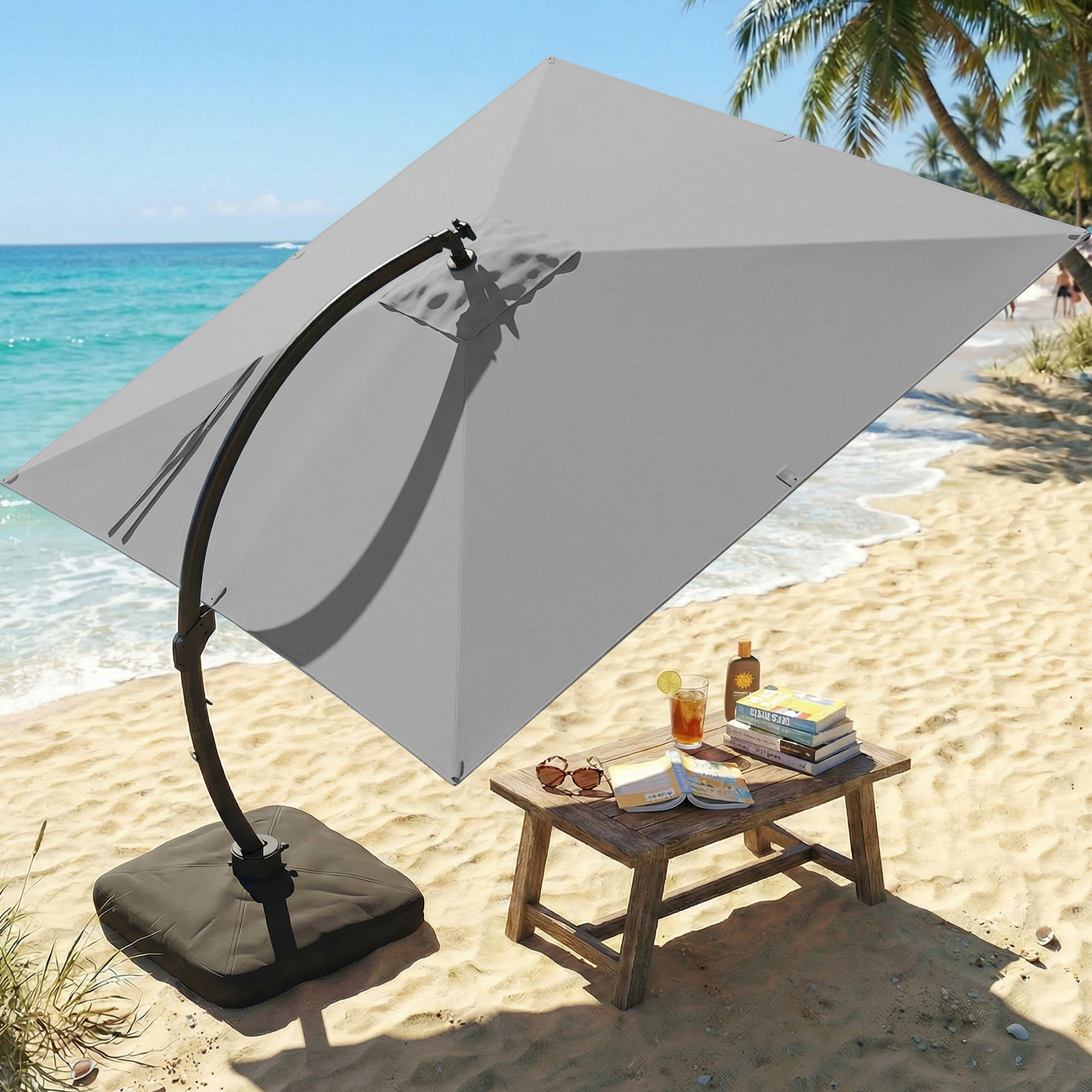 LAZZO 11FT Cantilever Patio Umbrella with Base & Solar LED Lights, All-Aluminum Outdoor Umbrella for Deck, Pool & Backyard, Gray
