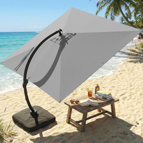 LAZZO 11ft Outdoor Patio Umbrella with Base and Light, All-Aluminum Offset Cantilever Umbrella for Pool & Backyard, Gray
