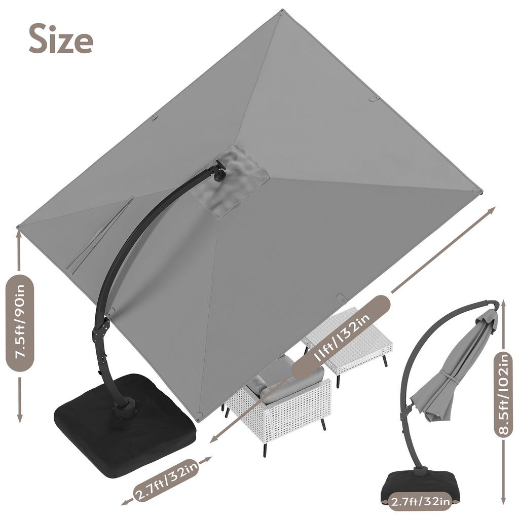 LAZZO 11FT Cantilever Patio Umbrella with Base & Solar LED Lights, All-Aluminum Outdoor Umbrella for Deck, Pool & Backyard, Gray