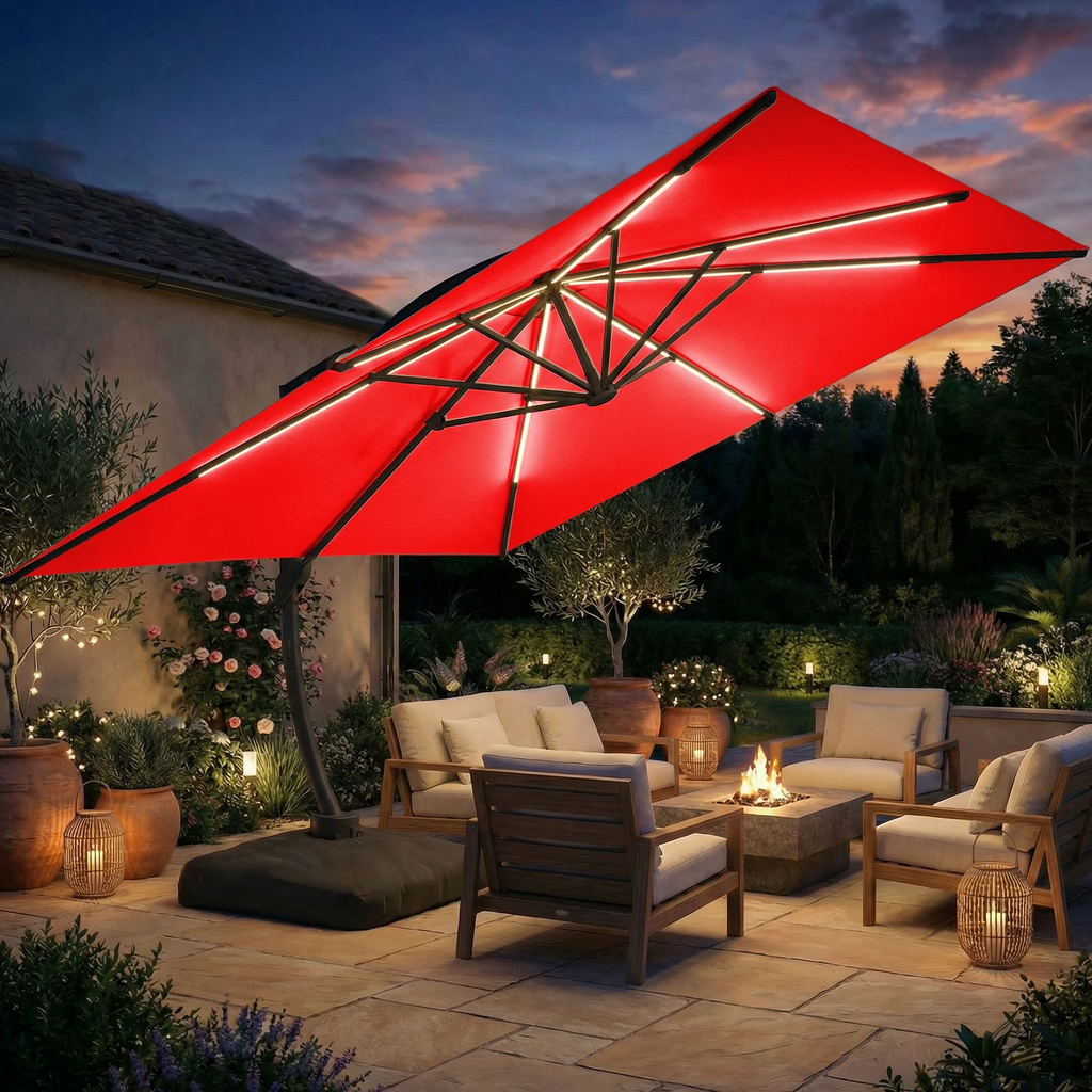 LAZZO 11FT Cantilever Patio Umbrella with Base & Solar LED Lights, All-Aluminum Outdoor Umbrella for Deck, Pool & Backyard, Red