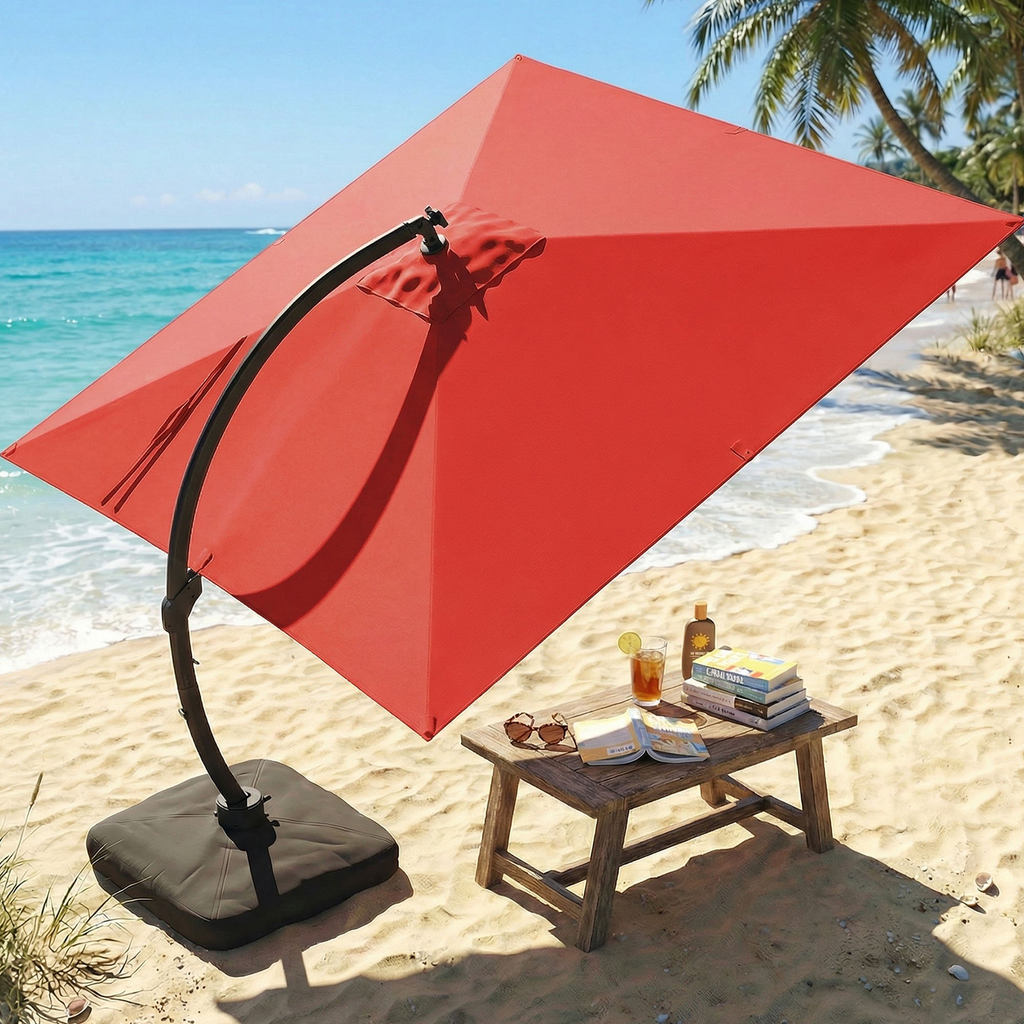 LAZZO 11FT Cantilever Patio Umbrella with Base & Solar LED Lights, All-Aluminum Outdoor Umbrella for Deck, Pool & Backyard, Red
