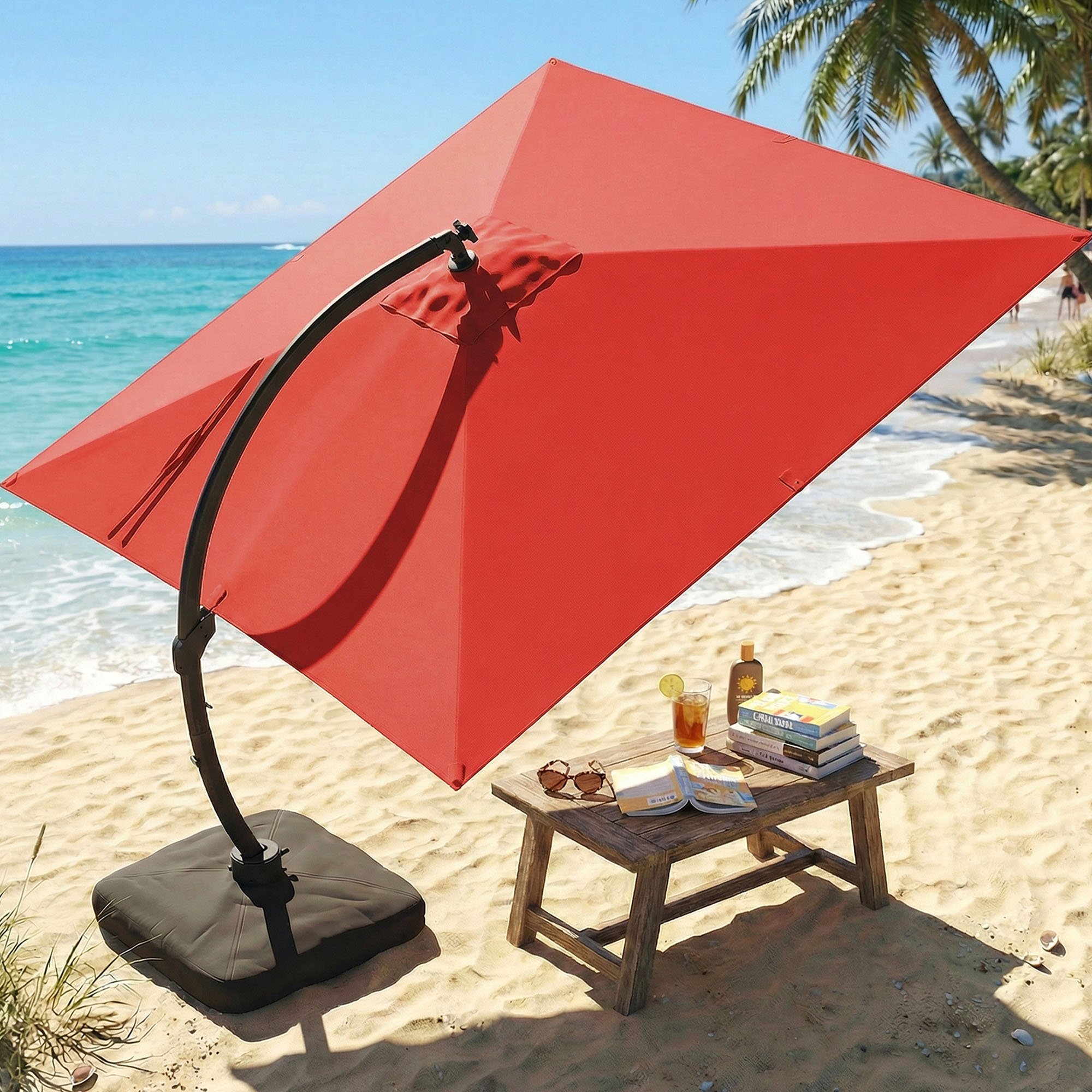 LAZZO 11FT Cantilever Patio Umbrella with Base & Solar LED Lights, All-Aluminum Outdoor Umbrella for Deck, Pool & Backyard, Red