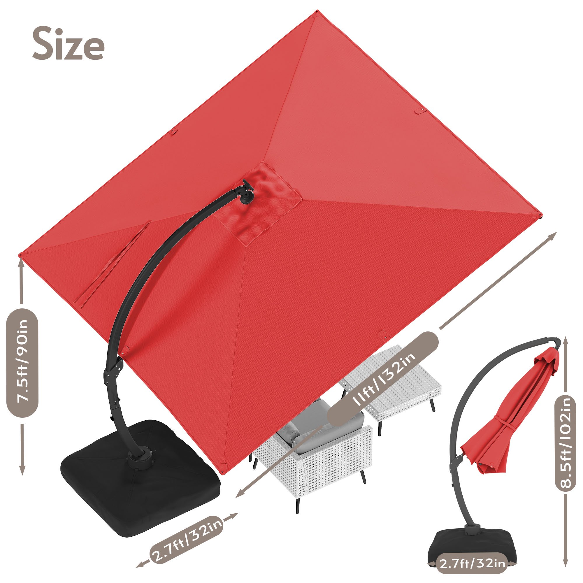 LAZZO 11FT Cantilever Patio Umbrella with Base & Solar LED Lights, All-Aluminum Outdoor Umbrella for Deck, Pool & Backyard, Red