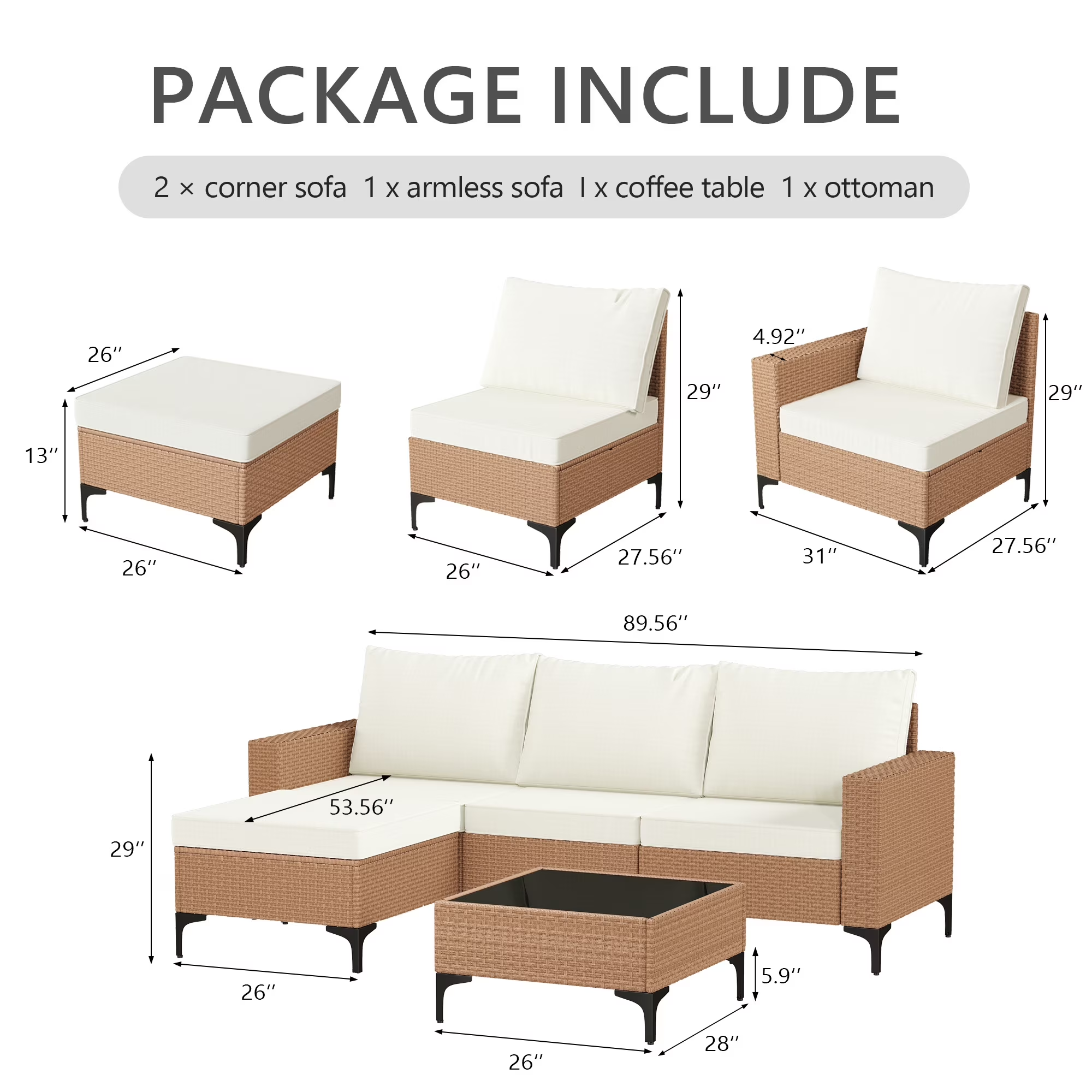 LAZZO 5-Piece Patio Conversation Set, Boho Outdoor Wicker Furniture with Beige Cushions & Glass Coffee Table for Backyard, Porch