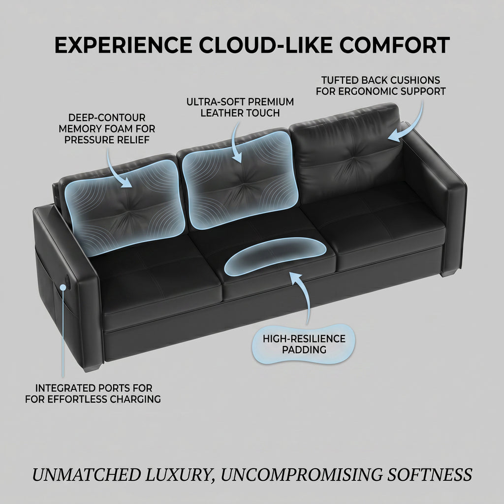 88" Faux Leather Couch w/USB Charging, 3-Seater Leather Living Room Sofa