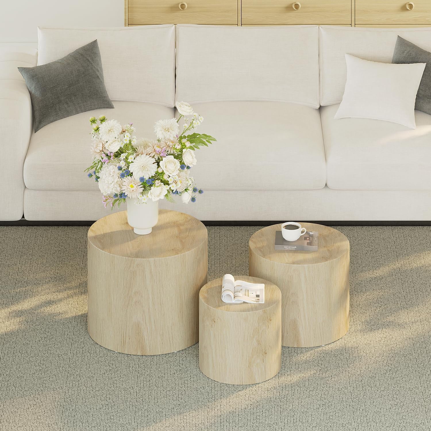 LAZZO Nesting Round Coffee Table Set of 3, Modern Wooden Accent Side Table, Space-Saving Table for Living Room Bedroom, Natural Wood Color