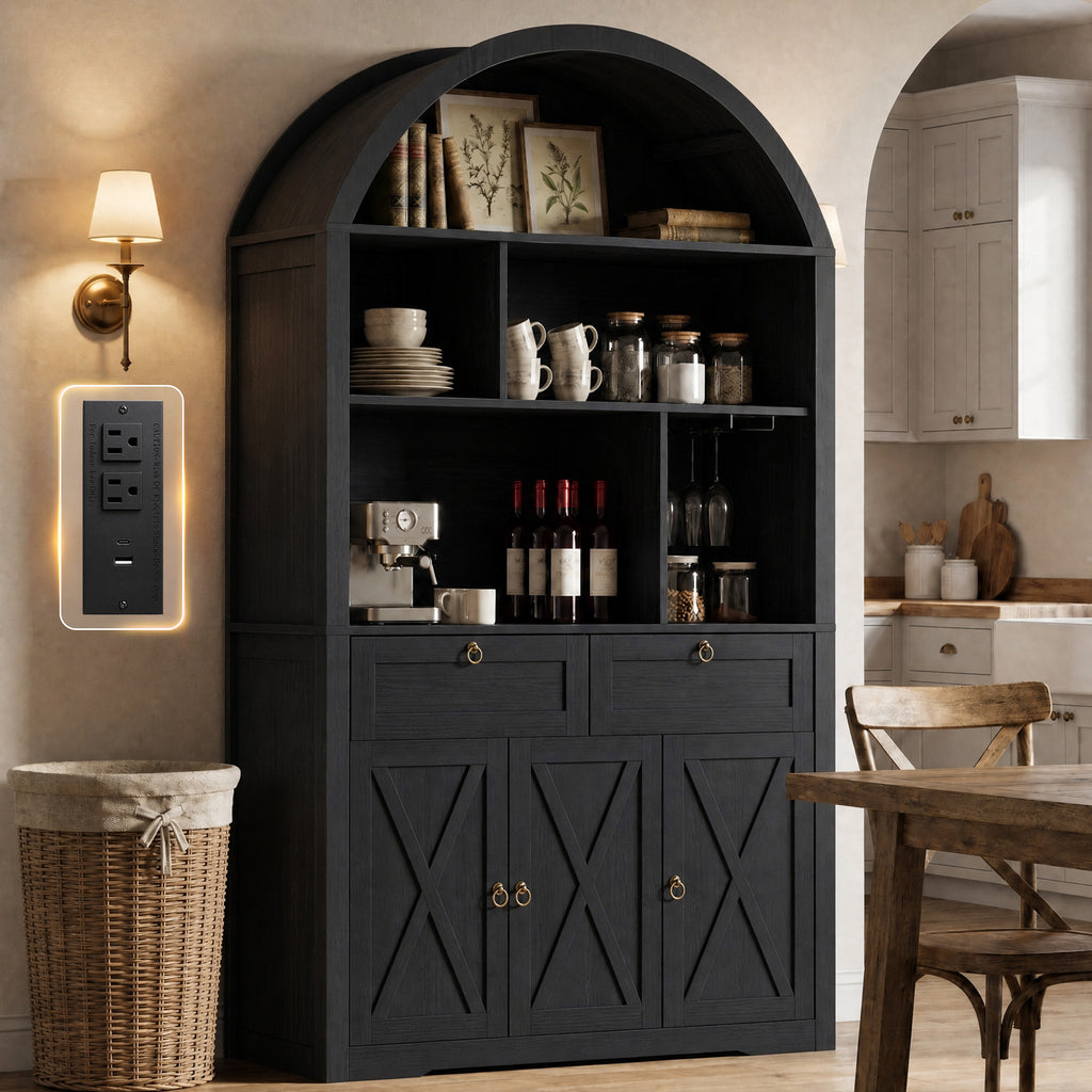 75'' Arched Cabinet, Arch Storage Cabinet with Power Strip Kitchen Dining | TYBOATLE, Farmhouse Pantry Cabinet, Open Shelves, Soft-Close Doors, Anti-Tip Device, X-Frame Doors, Coffee Bar Storage