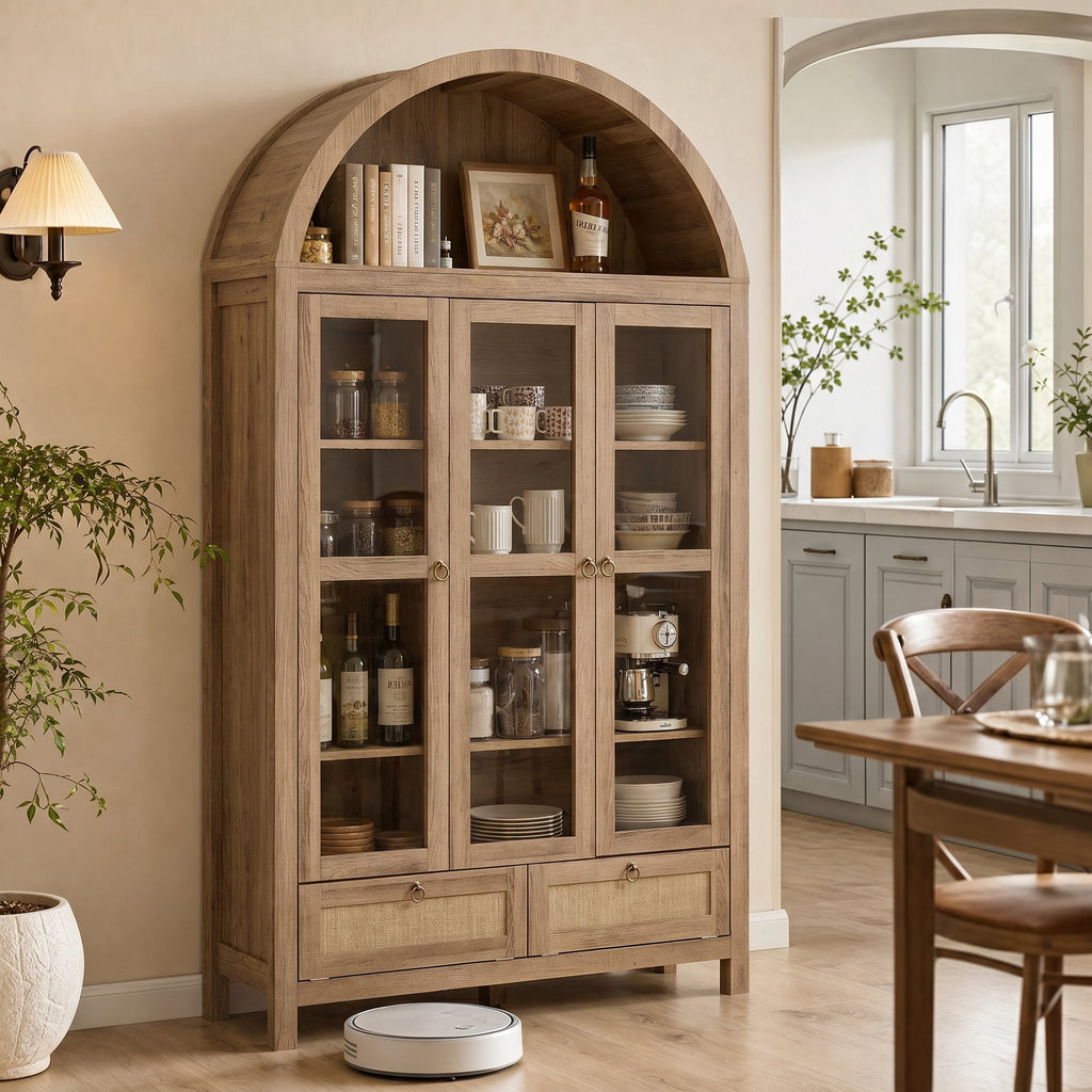 75'' Arched Cabinet, Arch Storage Cabinet w/Power Strip Kitchen, Natrual | TYBOATLE, Farmhouse Pantry Cabinet, Open Shelves, Soft-Close Doors, Anti-Tip Device, X-Frame Doors, Coffee Bar Storage