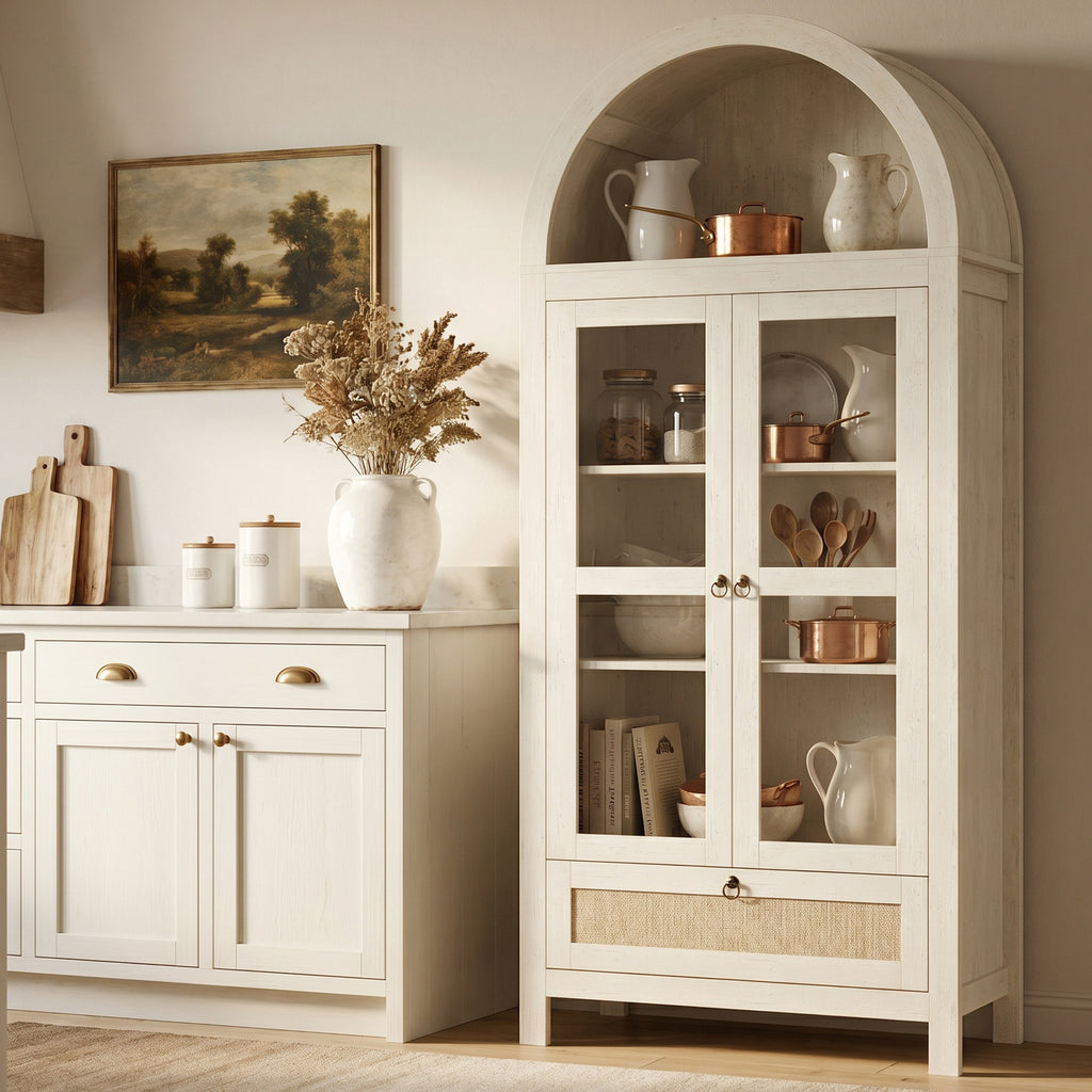 71'' Arched Pantry Cabinet, Arch Storage Cabinet w/Glass Door for Kitchen | Storage Cabinet with Innovative Drawer, Anti-Tip Device, Versatile Cupboard for Dining Room, Bathroom, Lobby, White