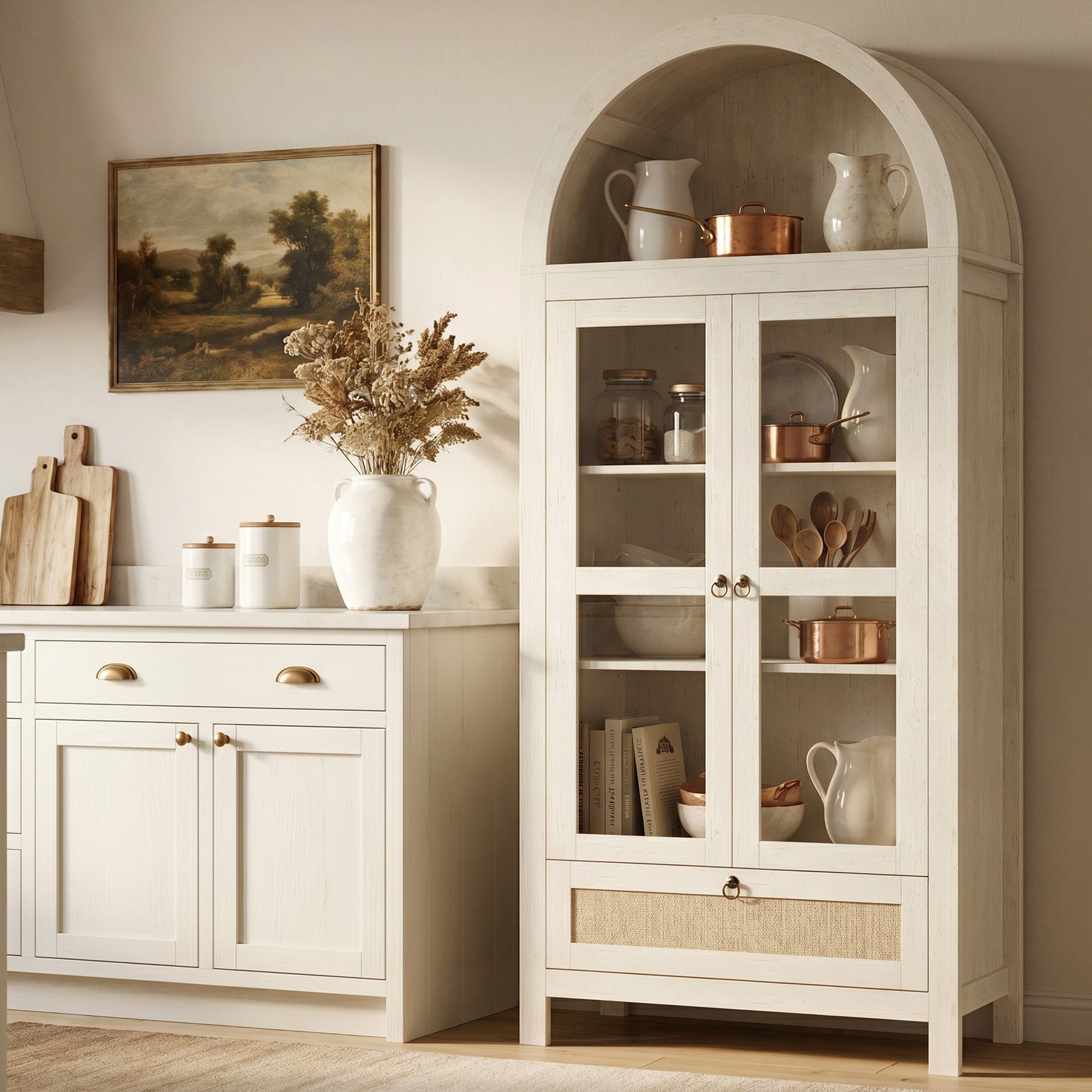 71'' Arched Pantry Cabinet, Arch Storage Cabinet w/Glass Door for Kitchen | Storage Cabinet with Innovative Drawer, Anti-Tip Device, Versatile Cupboard for Dining Room, Bathroom, Lobby, White