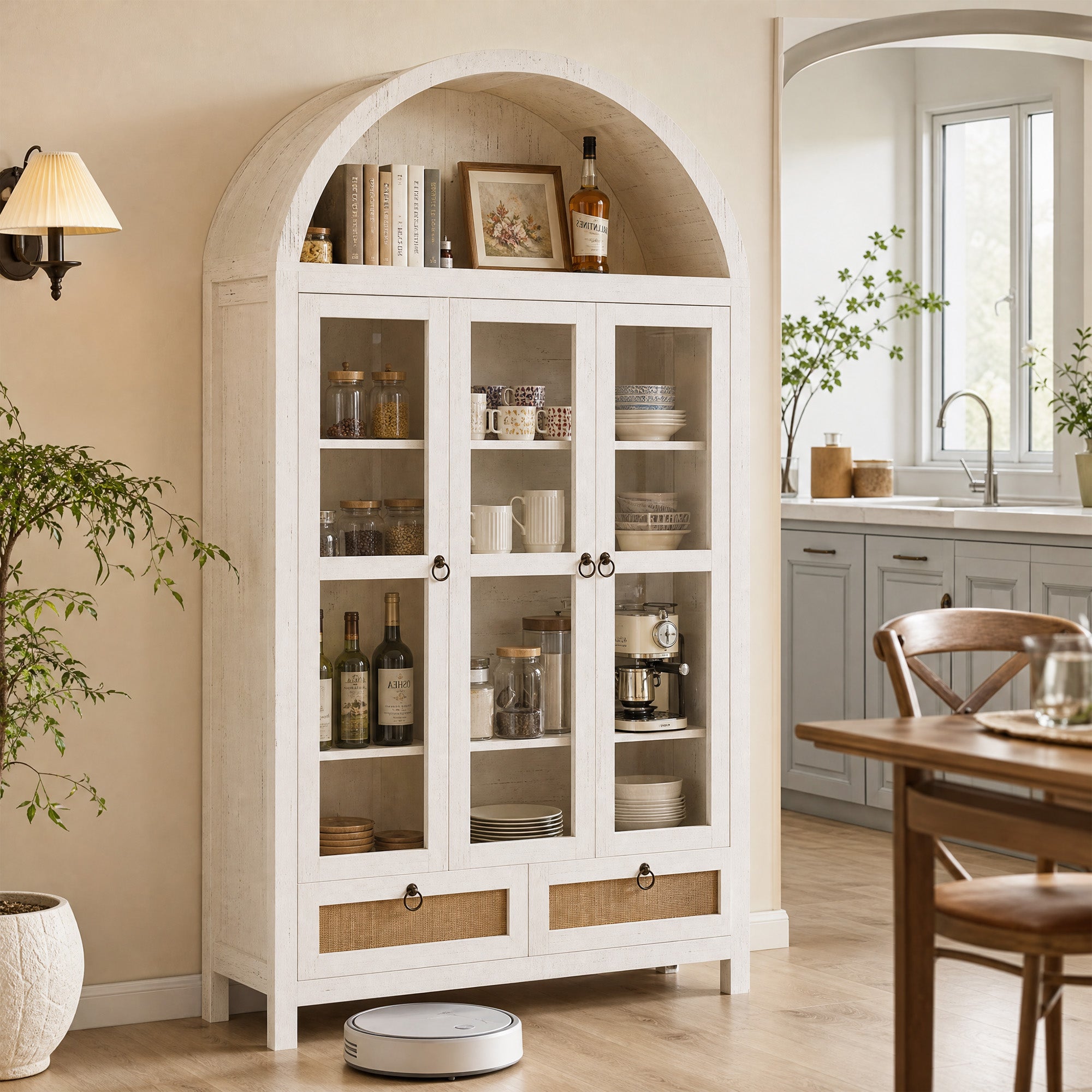 75'' White Arched Cabinet, Arch Storage Cabinet, Pantry with 3 Glass Doors | TYBOATLE, Pantry Cabinet, Farmhouse Style, Rattan Drawers, Anti-Tip Device, Kitchen, Bathroom, Dining Room, Cupboard Storage