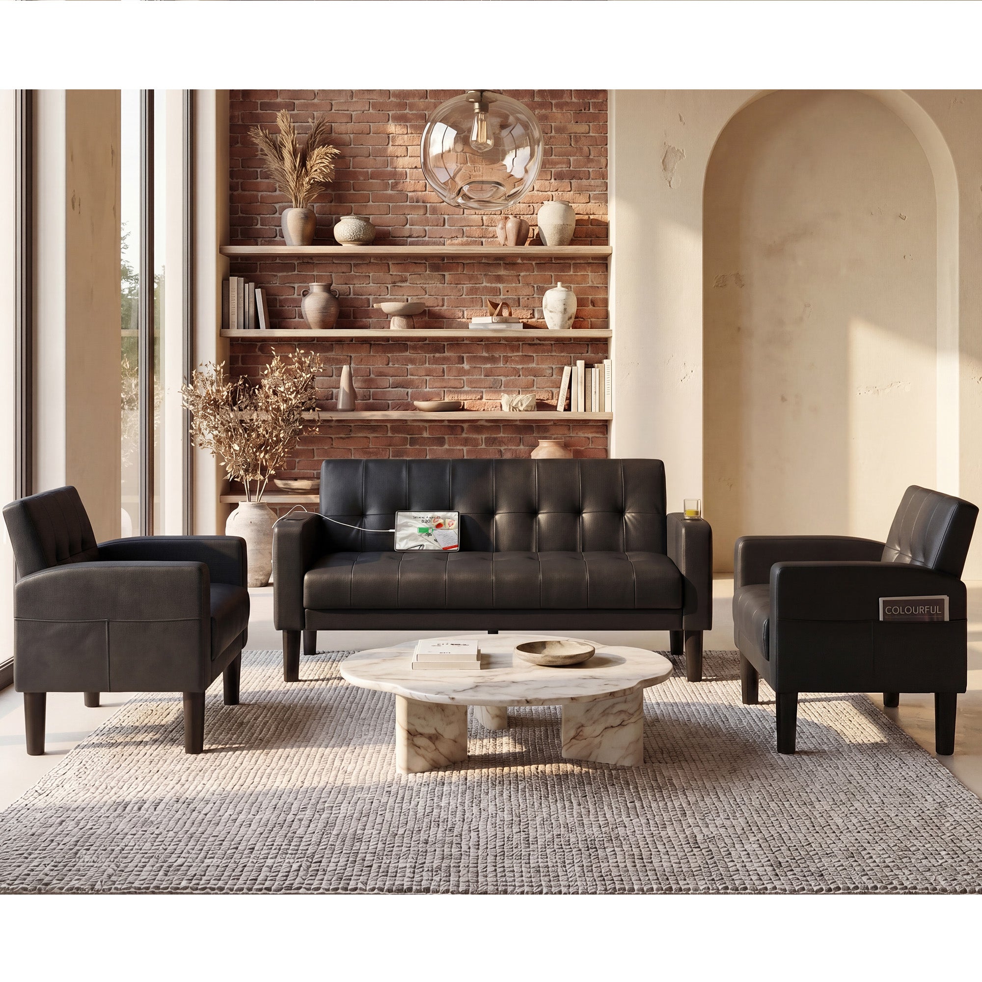 TYBOATLE Living Room Furniture Set, PU Leather Couch and Chairs Set with USB & Type-C Ports, Black Sofa Set with Cup Holders, Loveseat Sofa and 2 Matching Chairs for Apartment, Office, Bedroom