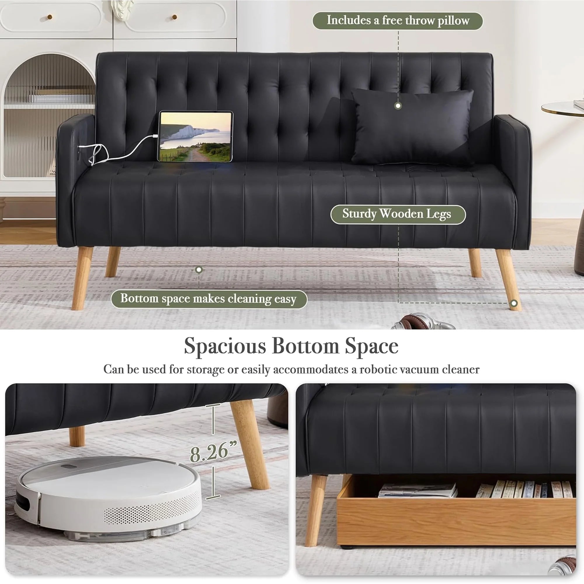 LAZZO 57" Mid-Century Modern Loveseat Sofa, Faux Leather Tufted Small Couch with USB Charging Ports & Pockets, Black