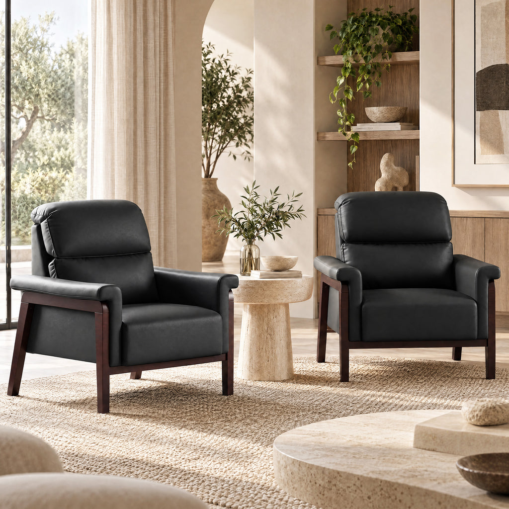 JIASTING Oversized Leather Accent Chair Set of 2, Chair with Wooden Legs & High Back