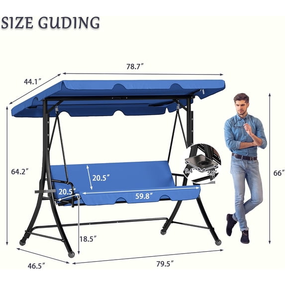 LAZZO 3-Seat Outdoor Porch Swing, Reclining Lounge Bed Convertible, Adjustable Canopy & Removable Cushions, Blue