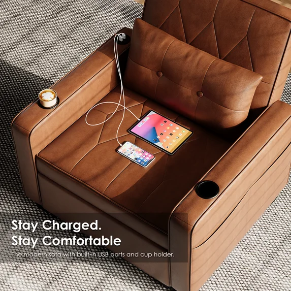 LAZZO 3-in-1 Leather Sleeper Chair Bed with USB Ports, Cup Holders & Pockets, Brown