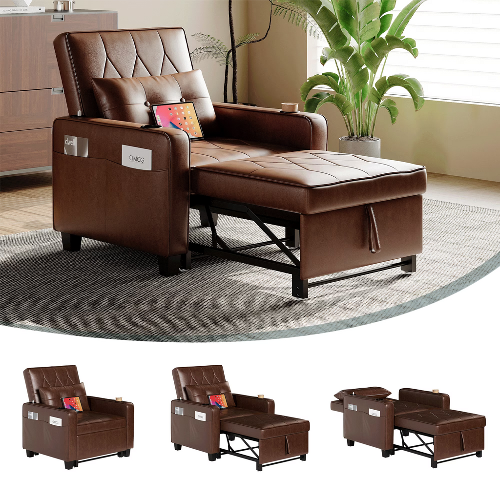 LAZZO 3-in-1 Leather Sleeper Chair Bed with USB Ports, Cup Holders & Pockets, Brown