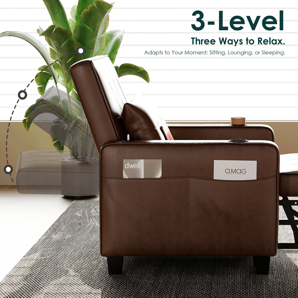 LAZZO 3-in-1 Leather Sleeper Chair Bed with USB Ports, Cup Holders & Pockets, Brown