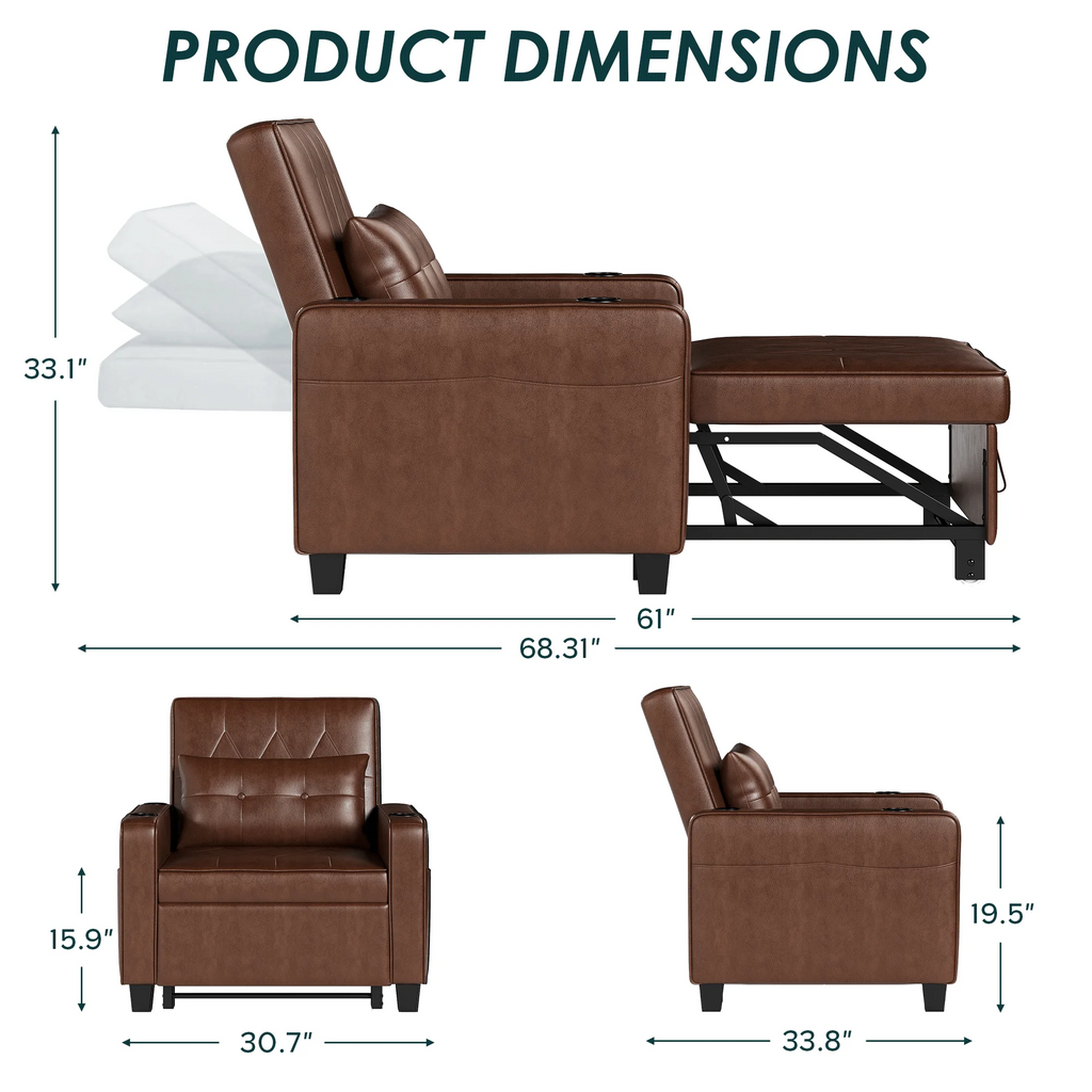 LAZZO 3-in-1 Leather Sleeper Chair Bed with USB Ports, Cup Holders & Pockets, Brown